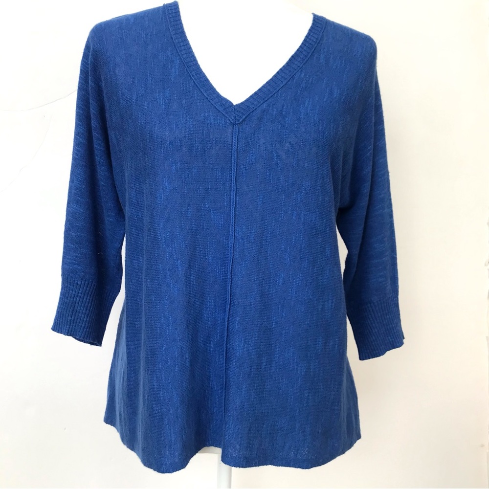Eileen Fisher Blue Linen Blend V-Neck Lightweight Knit Sweater